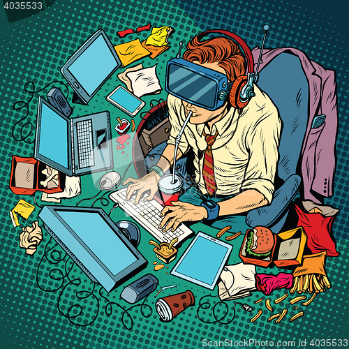 Image of IT geek working on computers, virtual reality