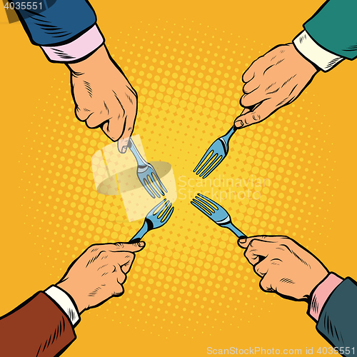 Image of Hands with fork divide something
