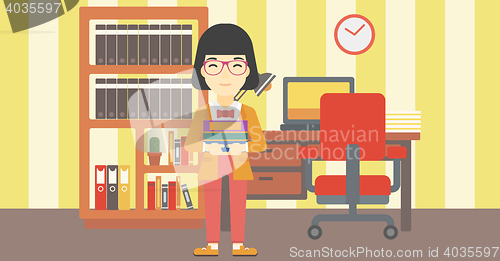 Image of Woman holding pile of books vector illustration.