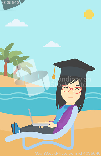 Image of Graduate lying in chaise lounge with laptop.