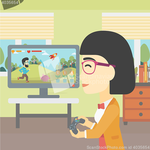 Image of Woman playing video game.