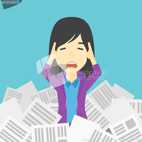 Image of Stressed business woman having lots of work to do.