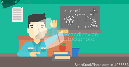 Image of Student raising hand in class for an answer.