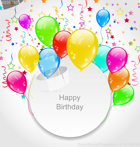 Image of Happy Birthday Card with Set Balloons and Confetti