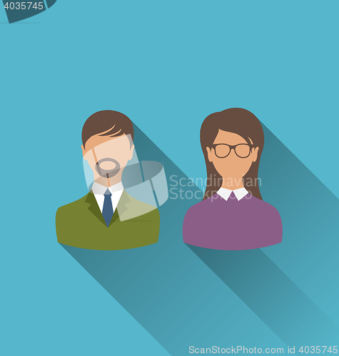 Image of Male and female user avatars. Flat icons with long shadow