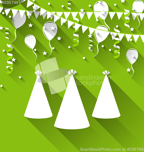 Image of Holiday background with party hats, balloons, confetti, and hang