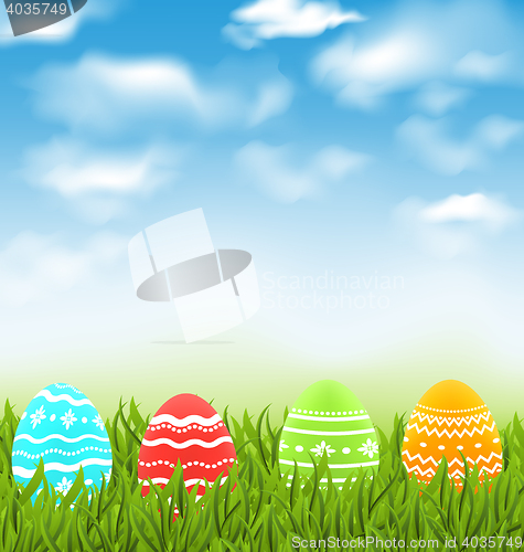 Image of Easter natural landscape with traditional colorful eggs in grass