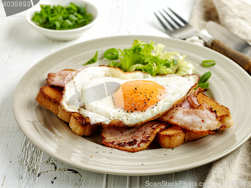 Image of fried egg, bacon and toasted bread