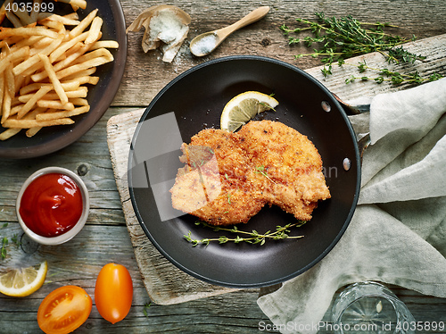 Image of schnitzel on cooking pan