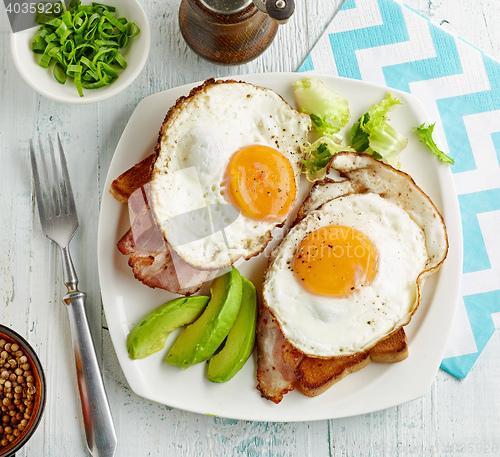 Image of fried eggs on white plate