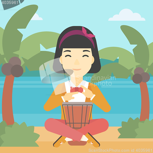 Image of Woman playing ethnic drum vector illustration.