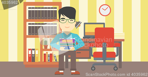 Image of Man holding pile of books vector illustration.