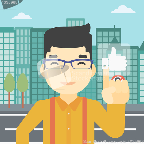 Image of Man pressing like button vector illustration.