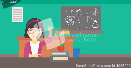 Image of Student raising hand in class for an answer.