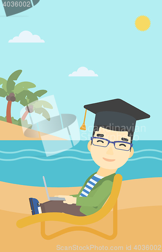 Image of Graduate lying in chaise lounge with laptop.