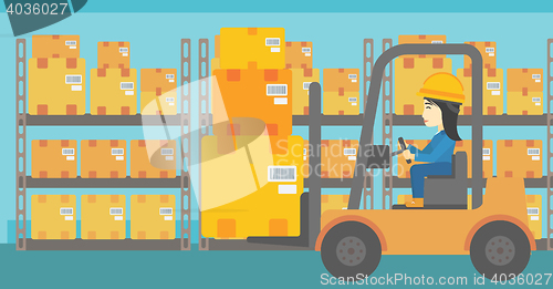 Image of Warehouse worker moving load by forklift truck.