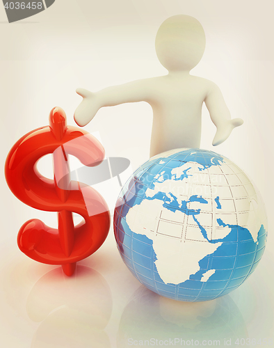 Image of 3d people - man, person presenting - dollar with global concept 