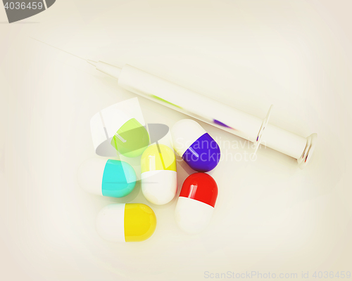 Image of Pills and syringe . 3D illustration. Vintage style.