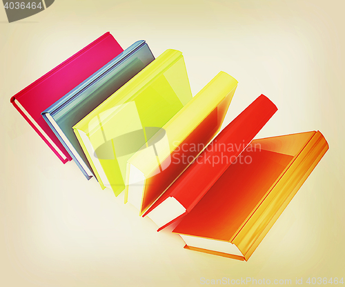 Image of colorful real books. 3D illustration. Vintage style.