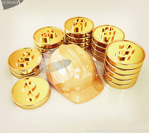 Image of gold coin ctack around hard hat on a white background . 3D illus