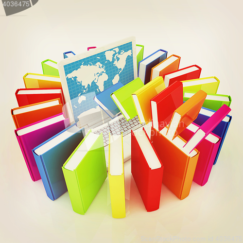 Image of Colorful books flying and laptop . 3D illustration. Vintage styl