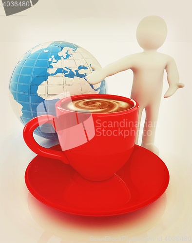 Image of 3d people - man, person presenting - Mug of coffee with milk. Gl