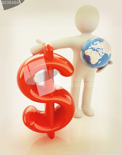 Image of 3d people - man, person presenting - dollar with global concept 