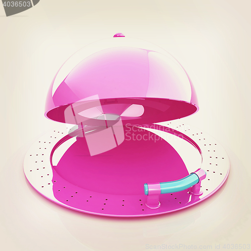 Image of restaurant cloche with open lid . 3D illustration. Vintage style