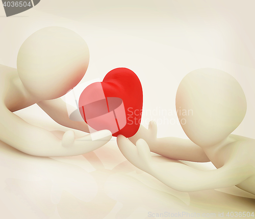 Image of 3D humans lying and holds heart. 3D illustration. Vintage style.