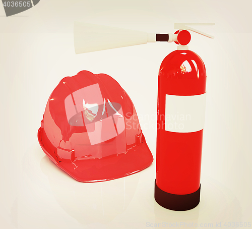 Image of Red fire extinguisher and hardhat . 3D illustration. Vintage sty