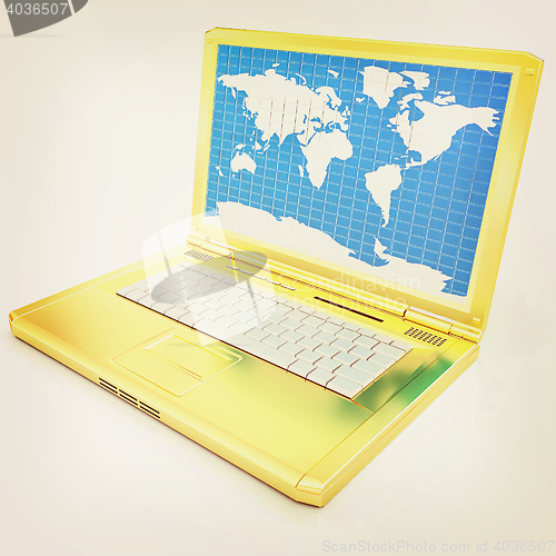 Image of Gold laptop with world map on screen . 3D illustration. Vintage 