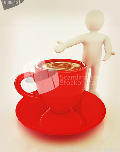 Image of 3d people - man, person presenting - Mug of coffee with milk. 3D