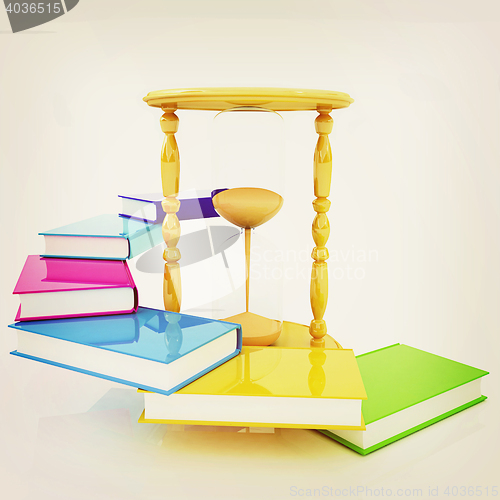 Image of Hourglass and books. 3D illustration. Vintage style.