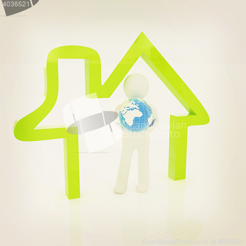 Image of 3d man, house icon and earth. 3D illustration. Vintage style.