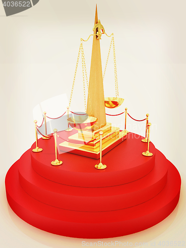 Image of Gold scales of justice on 3d carpeting podium with gold handrail