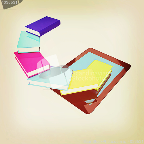 Image of tablet pc and colorful real books. 3D illustration. Vintage styl