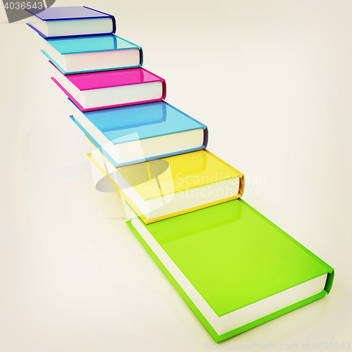 Image of colorful real books. 3D illustration. Vintage style.