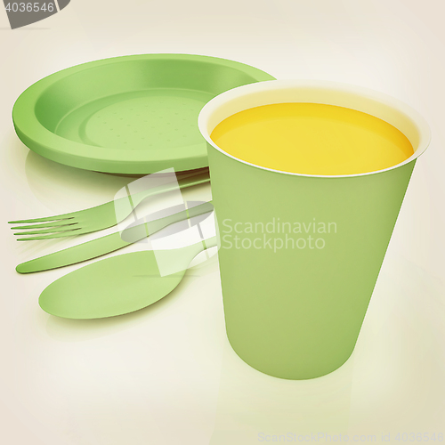 Image of Fast-food disposable tableware. 3D illustration. Vintage style.