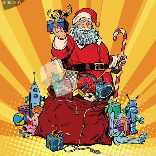 Image of Santa Claus with bag of gifts. Christmas and New year