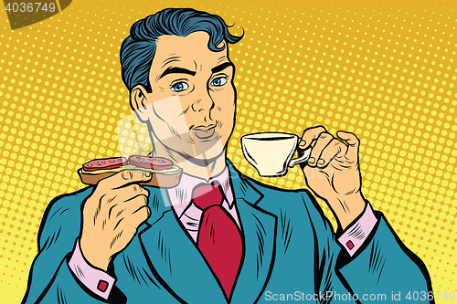 Image of Retro businessman eating Breakfast, coffee and sausage sandwich