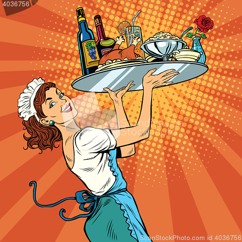 Image of Beautiful young woman waitress in a restaurant