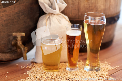 Image of close up of beer barrel, glasses and bag with malt