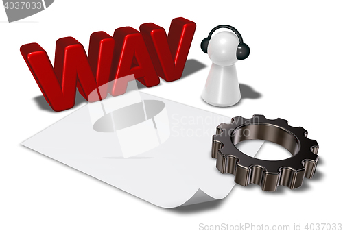 Image of wav tag, gear wheel and pawn with headphones - 3d rendering