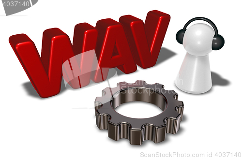 Image of wav tag, gear wheel and pawn with headphones - 3d rendering