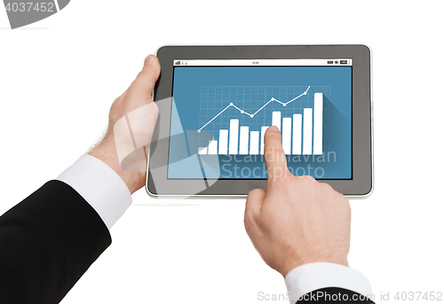 Image of close up of hands holding tablet pc with graph