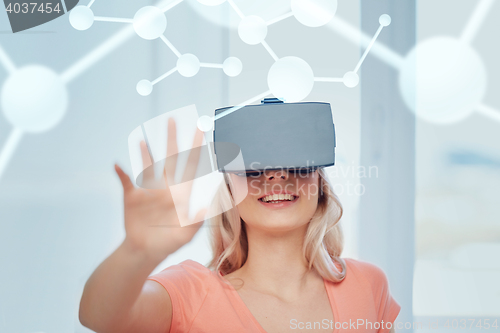 Image of woman in virtual reality headset or 3d glasses