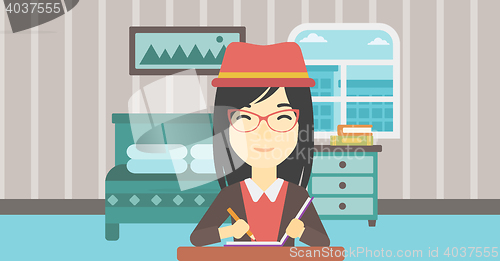 Image of Journalist writing in notebook vector illustration