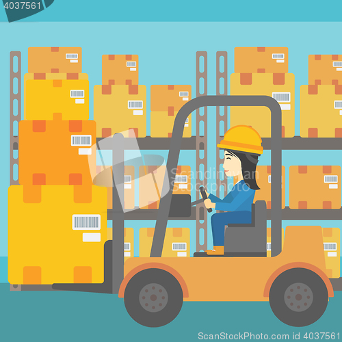 Image of Warehouse worker moving load by forklift truck.