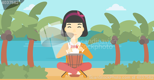 Image of Woman playing ethnic drum vector illustration.