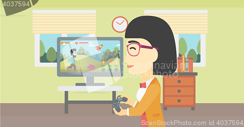 Image of Woman playing video game.